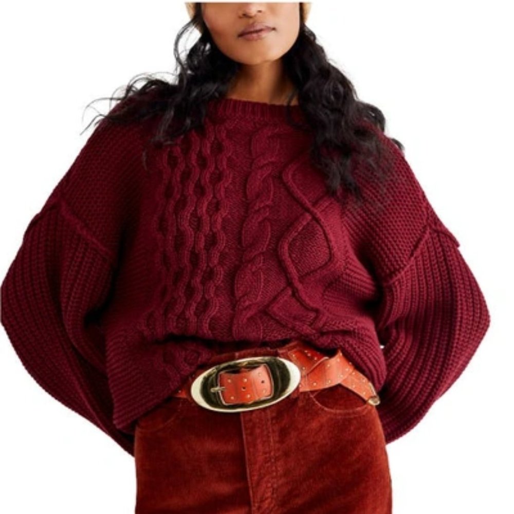 Free People Dream Cable Crew Sweater in Cabernet Sz Small
